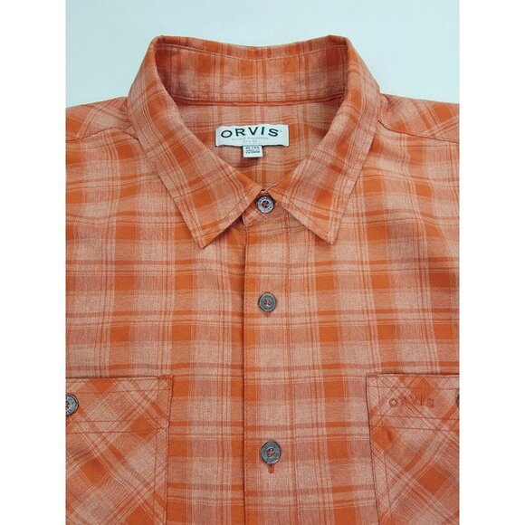 Orvis Size XL Mens Orange Tan Check Short Sleeve Embroidered Pocket Logo Shirt - Picture 13 of 13